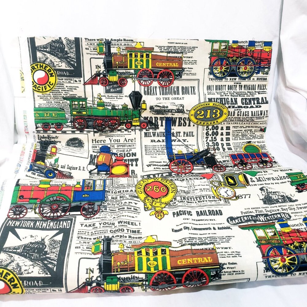Vintage Train Engine Transportation Travel Fabric By the Yard 43" House n Home